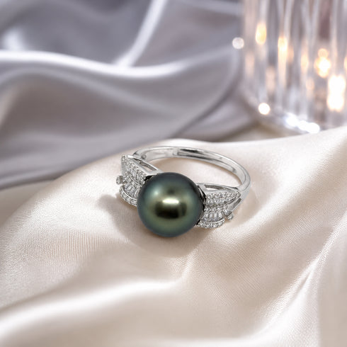 11-12mm Tahitian Pearl Sparkle Ring by House Of Pearls, diamond-accented silver band