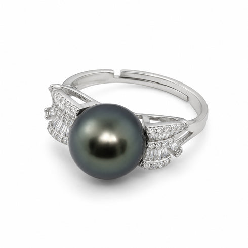 11-12mm Tahitian Pearl Sparkle Ring, silver band with black Tahitian pearl and diamond accents, House Of Pearls