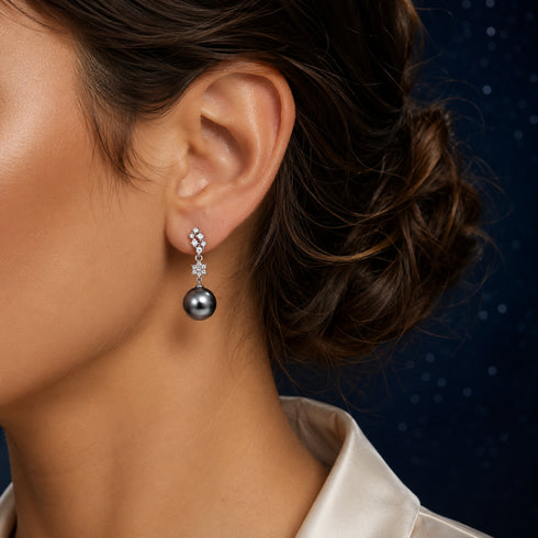 Earrings, 10-11mm Tahitian pearl Stellar Night Drop with diamond-accent top and dark pearl drop