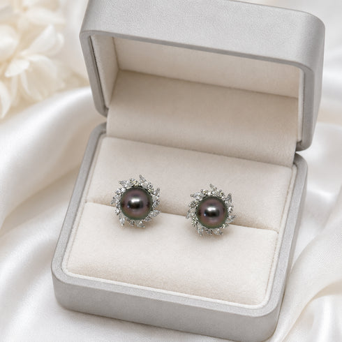 Earrings: House Of Pearls 9–10mm Tahitian pearl sunburst stud earrings with diamond halos (pair).