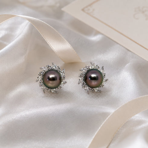 Tahitian Pearl Sunburst Stud Earrings by House Of Pearls, peacock pearls with a diamond halo, pair