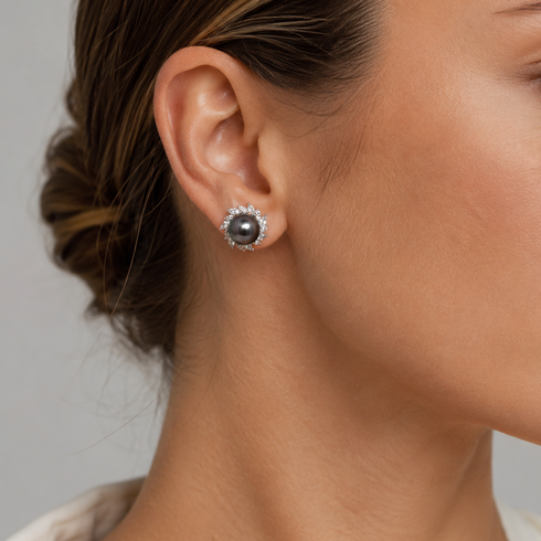 Earrings: 9–10mm Tahitian pearl sunburst stud with diamond halo, House Of Pearls