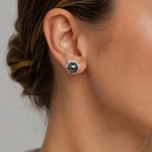 Earrings: 9–10mm Tahitian pearl sunburst stud with diamond halo, House Of Pearls