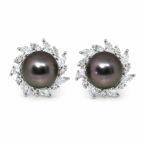 Earrings: 9-10mm Tahitian pearl sunburst studs with crystal halo, dark luster pearls, House Of Pearls