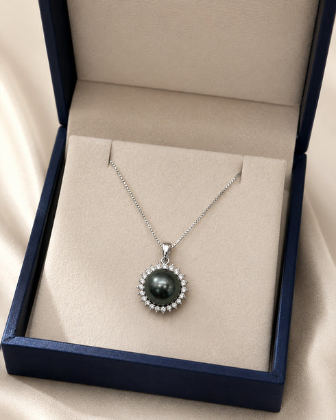 Necklace: 11–12mm Tahitian pearl sunflower CZ pendant in sterling silver, House of Pearls