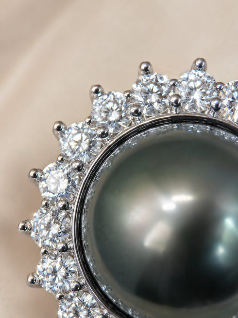 Necklace: 11-12mm Tahitian pearl sunflower pendant with CZ accents in sterling silver by House of Pearls