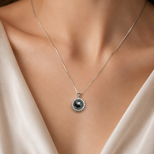 Necklace: 11–12mm Tahitian Pearl Sunflower CZ pendant in sterling silver by House of Pearls