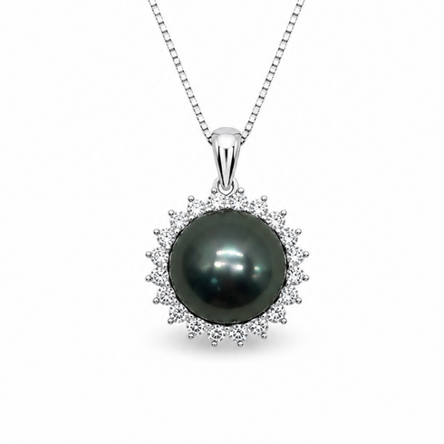 Pendant necklace with 11–12mm Tahitian pearl surrounded by a sunflower CZ halo in sterling silver, House of Pearls