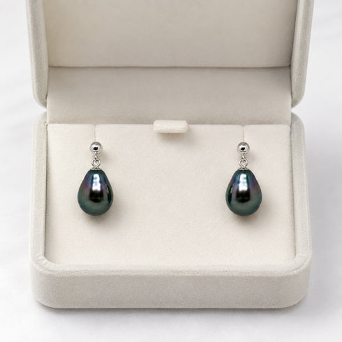 Earrings pair: 8-9mm Tahitian Tear Drop pearls, peacock-colored on silver settings