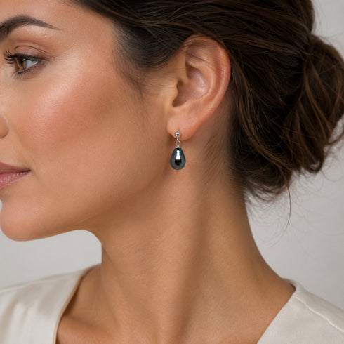 8-9mm Tahitian Pearl Tear Drop Earrings by House Of Pearls; dark iridescent pearls on silver posts