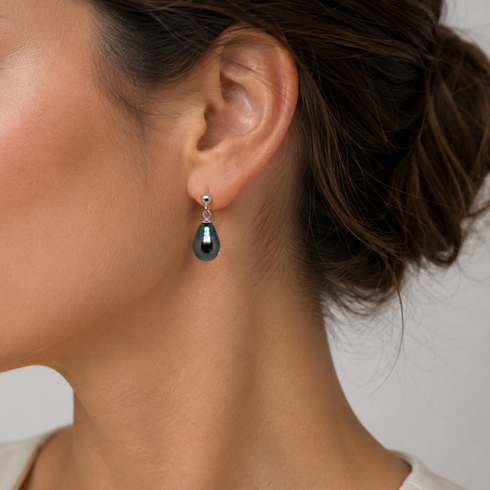 8-9mm Tahitian Pearl Tear Drop Earrings by House Of Pearls; dark iridescent pearls on silver posts