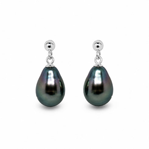 8-9mm Tahitian pearl teardrop earrings by House Of Pearls, pair with iridescent dark green pearls on silver fittings