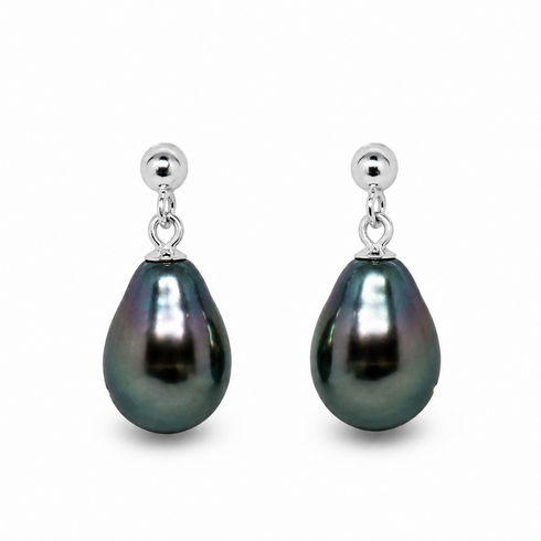 8-9mm Tahitian pearl teardrop earrings by House Of Pearls, pair with iridescent dark green pearls on silver fittings