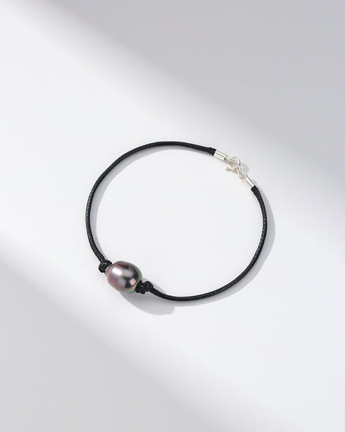 Tahitian South Sea Baroque Pearl Leather Bracelet on black cord with silver clasp