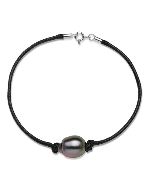 Tahitian South Sea baroque pearl leather bracelet on black braided cord with silver clasp.