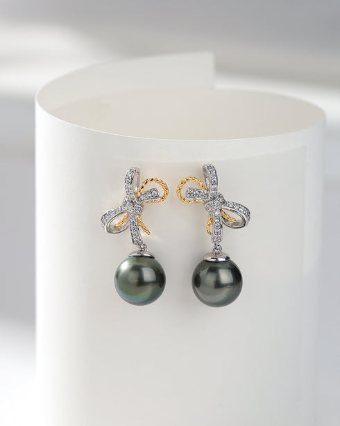 Tahitian South Sea Pearl & CZ Bow Earrings - Earrings made with hand-selected pearls from House of Pearls