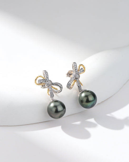 Tahitian South Sea Pearl & CZ Bow Earrings - Earrings made with hand-selected pearls from House of Pearls