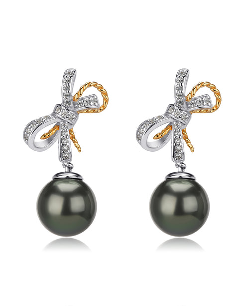 Tahitian South Sea Pearl & CZ Bow Earrings - Earrings made with hand-selected pearls from House of Pearls