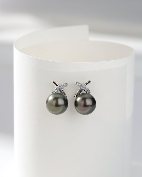 Earrings: Pair of 8-9mm Tahitian South Sea Pearl & CZ Diane with silver-tone setting