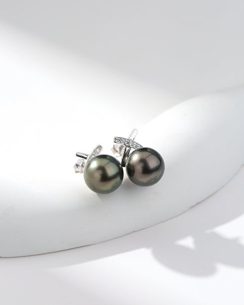 Pair of Diane earrings featuring 8-9mm black Tahitian South Sea pearls with CZ accents