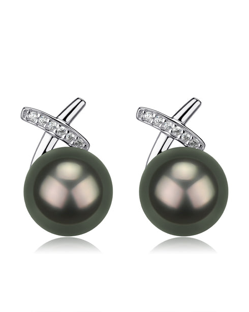 Diane Earrings: 8-9mm Tahitian South Sea pearls with diamond-accented curved silver bar, pair
