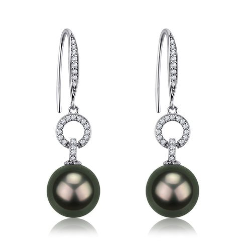 Pair of 9-10mm Tahitian Pearl Halo Hook Earrings by House Of Pearls LC; silver-tone with diamond-accent hoops