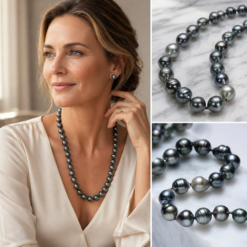 Tahitian Pearl Baroque Circle Necklace, 8–11mm, AAA grade, dark iridescent pearls