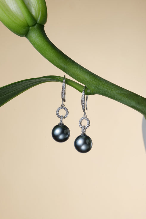 Pair of 9-10mm Tahitian Pearl Halo Hook Earrings with diamond halos and dark Tahitian pearls
