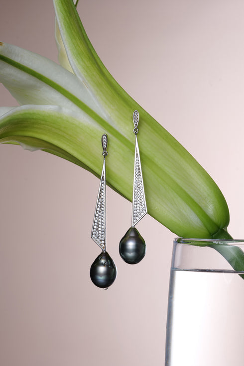House Of Pearls Tahitian Black Baroque Pearl Drop Earrings pair with diamond‑accented silver drops, 10–11mm pearls