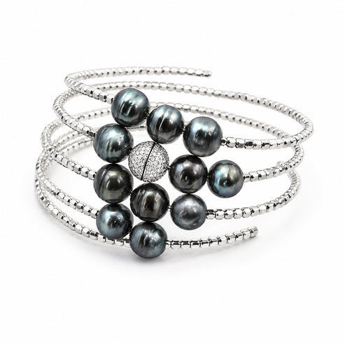 Bracelet: 10–12mm Tahitian circled pearls on a silver cuff, layered multi-wrap, unisex style, House Of Pearls FT.