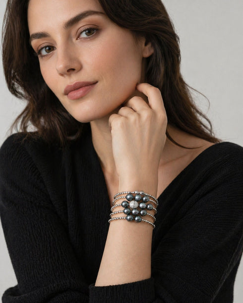 Bracelet, 10–12mm AAA Tahitian circled pearl silver cuff with multi-strand design