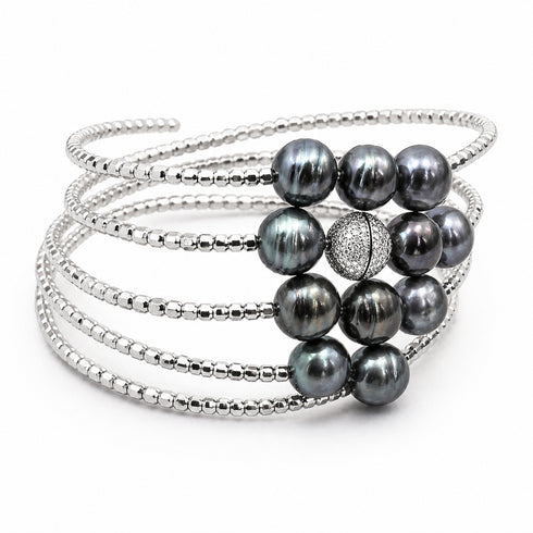10–12mm AAA Tahitian Circled Pearl Silver Cuff Bracelet with multi-row beaded bands