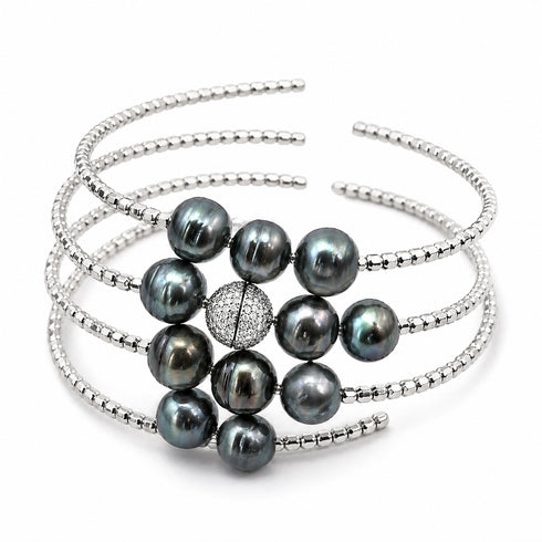 Bracelet 10–12mm AAA Tahitian circled pearls on silver cuff with multi-row beaded bands and a central textured bead