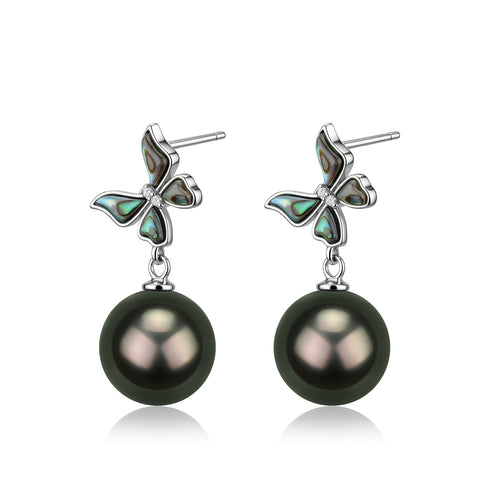 Pair of House Of Pearls Tahitian Pearl Halo Hook Earrings with dark green pearls and silver butterfly settings.