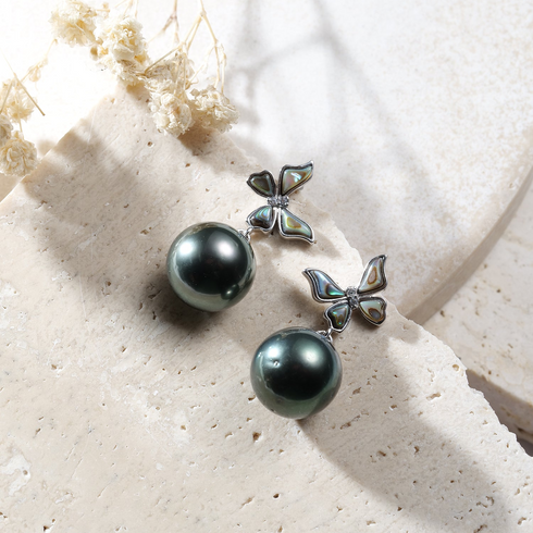 Earrings, Tahitian Pearl Butterfly Drop pair with 10–11mm dark pearls and iridescent shell butterfly wings.