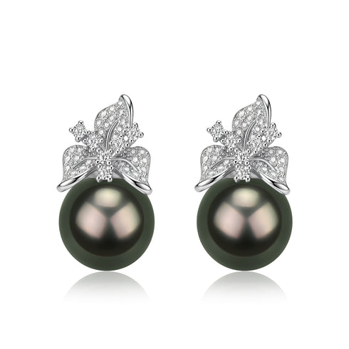 Earrings: Apex Noir 10–11mm Tahitian pearl studs with diamond-encrusted floral crowns (pair)