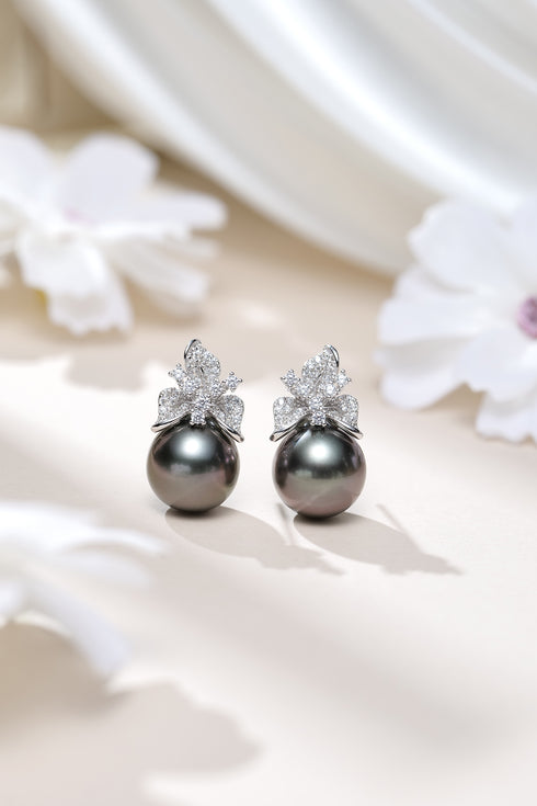 House Of Pearls XM Tahitian South Sea Noir stud earrings – 10–11mm black pearls with diamond-accent floral caps (pair)