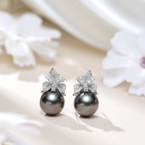 House Of Pearls XM Tahitian South Sea Noir stud earrings – 10–11mm black pearls with diamond-accent floral caps (pair)