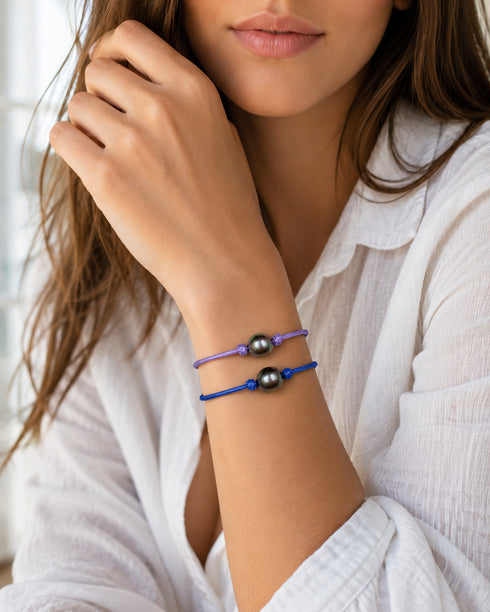 Two Tahitian Baroque Pearl Knotted Leather Bracelets on purple and blue cords