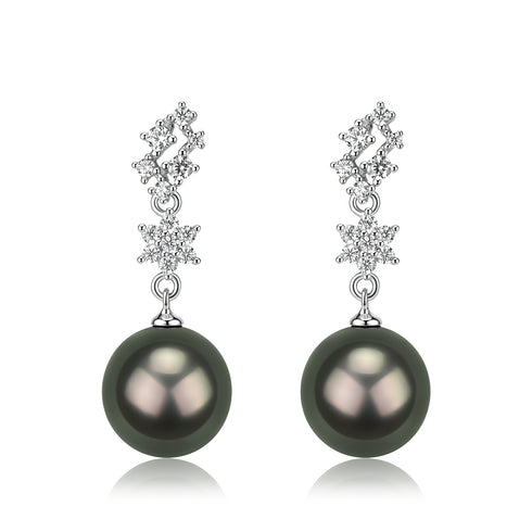 House Of Pearls LC Tahitian Pearl Halo Hook Earrings, 9-10mm black Tahitian pearls with crystal halo drop, pair