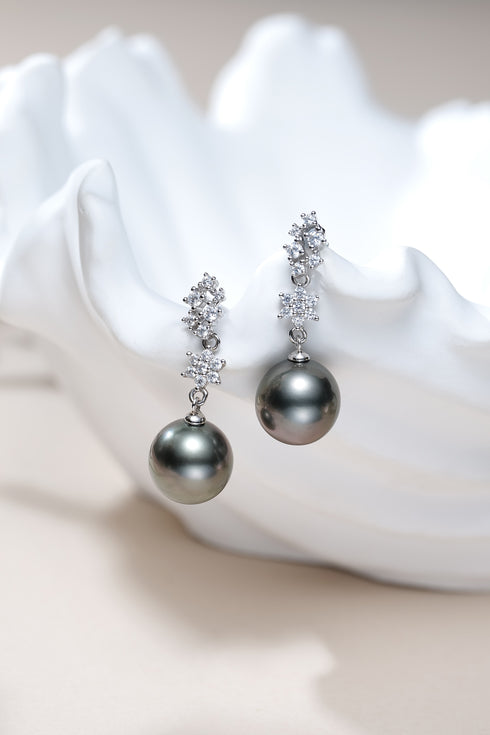 Earrings: 9–10mm Tahitian pearl halo hook earrings in silver with diamond halos, House Of Pearls - LC pair.