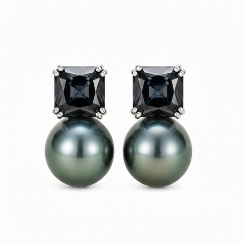 Earrings: 10–11mm Baroque Tahitian black pearls with dark grey CZ square-top in silver setting (pair)