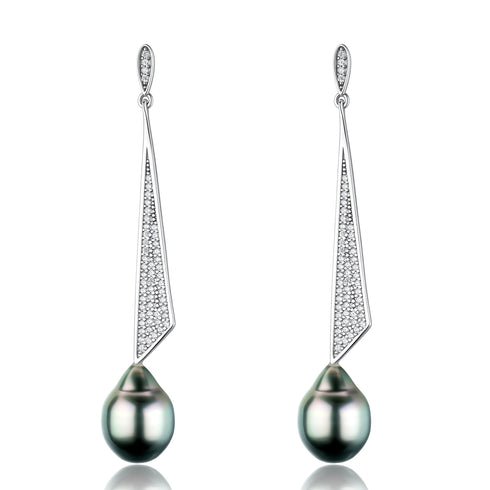 Earrings: House Of Pearls Tahitian black Baroque pearl drop with diamond-studded silver elongated drops; 2 shown