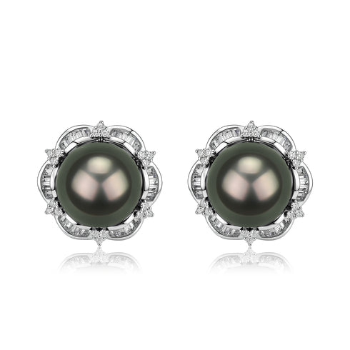 Tahitian South Sea Eclipse Stud Earrings by House Of Pearls XM, dark pearl with diamond halo (2)