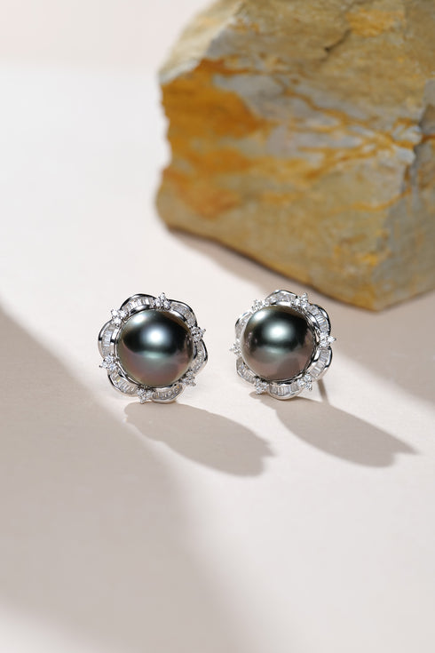 Earrings: Tahitian South Sea Pearl Eclipse Studs by House Of Pearls XM, dark pearls with diamond halo (pair)