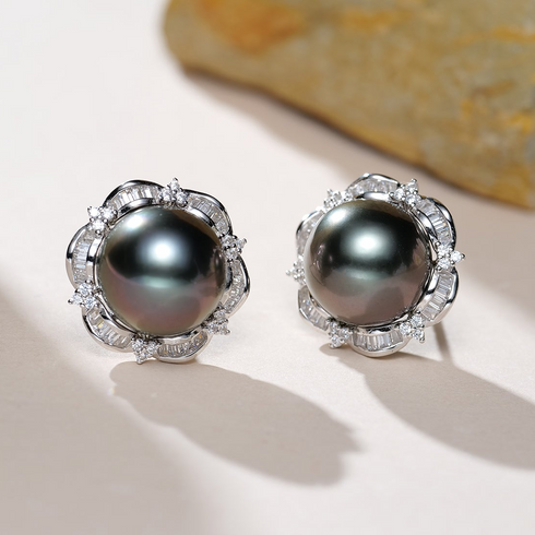 Pair of 10–11mm Tahitian Pearl Floral Halo Stud Earrings with a diamond halo in a silver setting