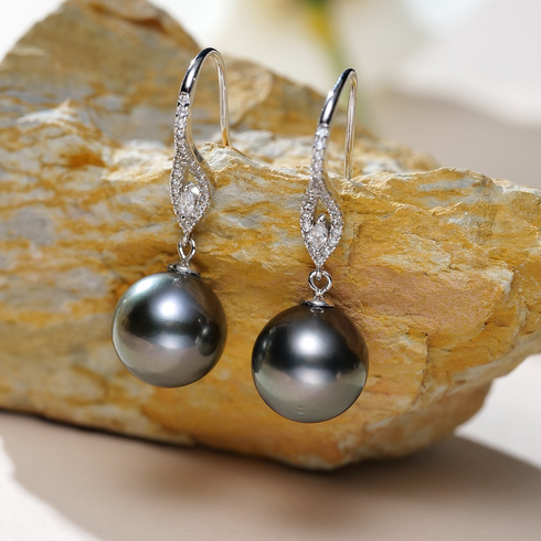 Tahitian pearl pave swirl hook earrings, silver-tone with dark drop pearls; pair by House Of Pearls - LC