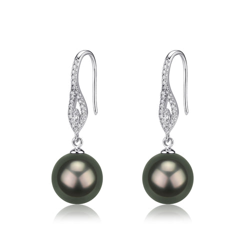 Pair of 9–10mm Tahitian pearl halo hook earrings with crystal-trimmed arches.