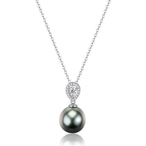 11-12mm Tahitian Pearl Classic Pendant Necklace with a diamond halo on a silver chain