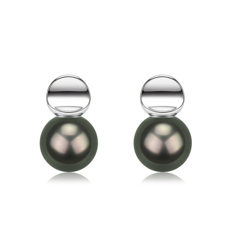 Earrings Tahitian South Sea Pearl Eclipse Stud Earrings, pair with silver-tone caps and dark green pearls